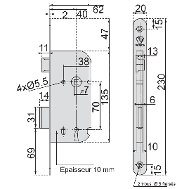 SERRURE D 10 PENE DORMANT DEMI-TOUR D 15 VACHETTE